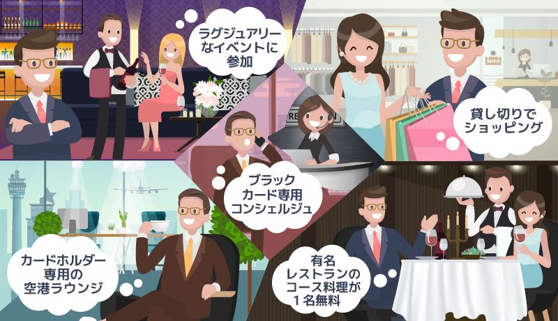 ブラックカードを保有することで受けられるメリットを5つイラストで紹介している画像