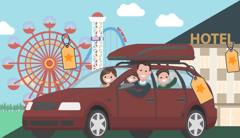 家族で車に乗ってレジャーに出かけるイラスト画像