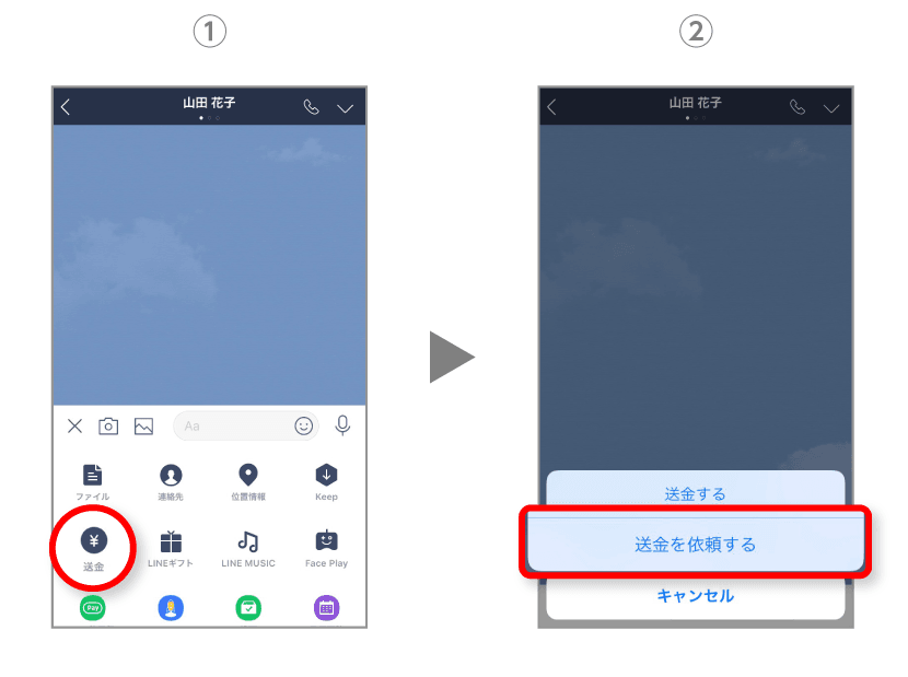 LINE Pay(ラインペイ)の送金依頼方法のスクリーンショット1と2