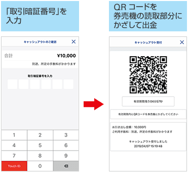 キャッシュアウトをおこなう際の具体的手順(「取引暗証番号の入力」および「QRコードをかざす」)の画像