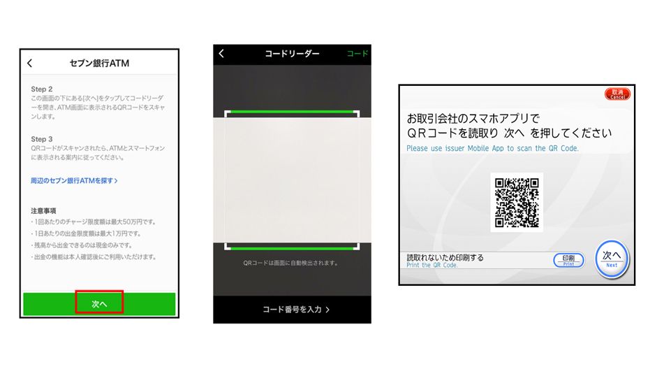 セブン銀行ATMでQRコードリーダーを利用したチャージ