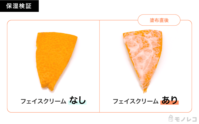 Melvita(メルヴィータ) アルガン コンセントレイト ピュア オイルクリームを塗布した直後と塗布しなかった場合のみかんの皮を比較