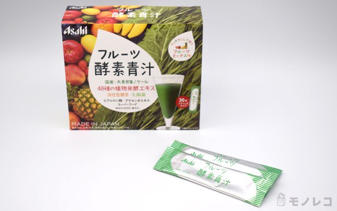 アサヒグループ食品フルーツ酵素青汁のパッケージと個包装の画像
