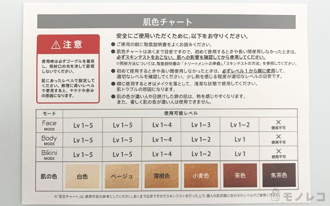 家庭用脱毛器の照射できる肌色レベルの画像