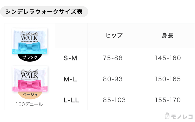 シンデラウォークのサイズ表画像